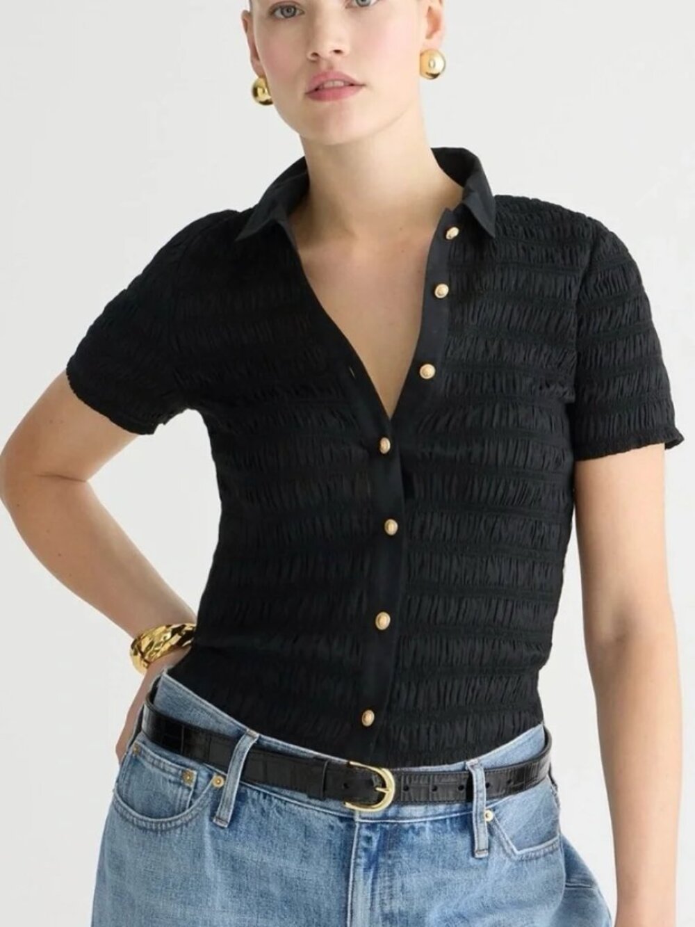 J. Crew Smocked Button-up Shirt in Black Size XS NWT